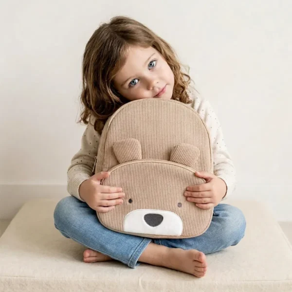 Bambina stringe tra le braccia zainetto a forma di orsetto colore marrone nocciola