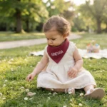 Bambina indossa bavaglino bandana in mussola rosa lampone con nome personalizzato