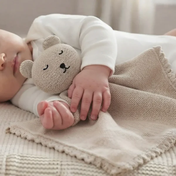 Neonato tiene il doudou in maglia beige