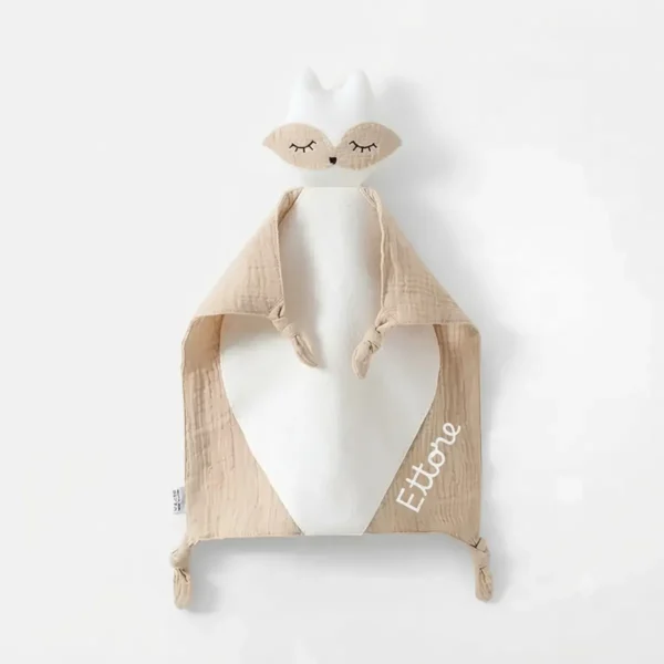 Doudou volpe in mussola di cotone beige con nome personalizzato
