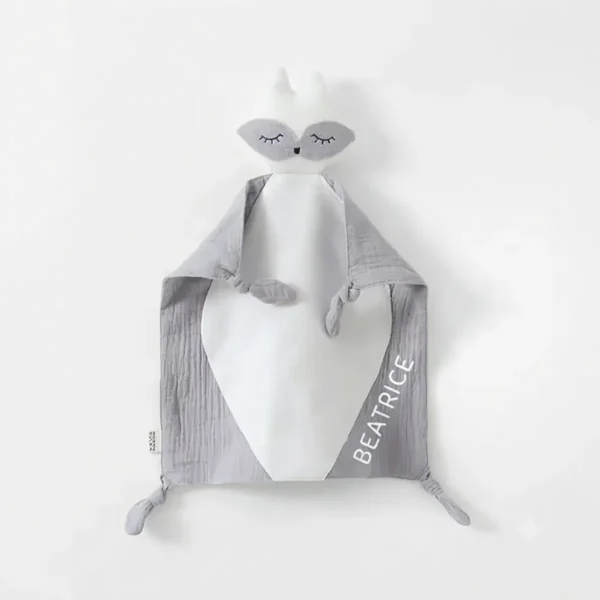 Doudou volpe in mussola di cotone grigio chiaro con nome personalizzato