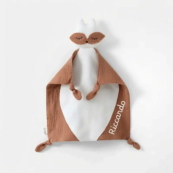 Doudou volpe in mussola di cotone marrone nocciola con nome personalizzato