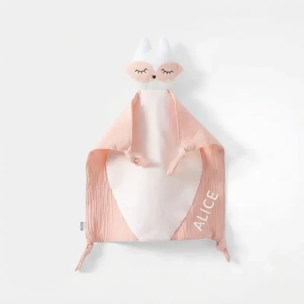 Doudou volpe in mussola di cotone rosa sorbetto con nome personalizzato