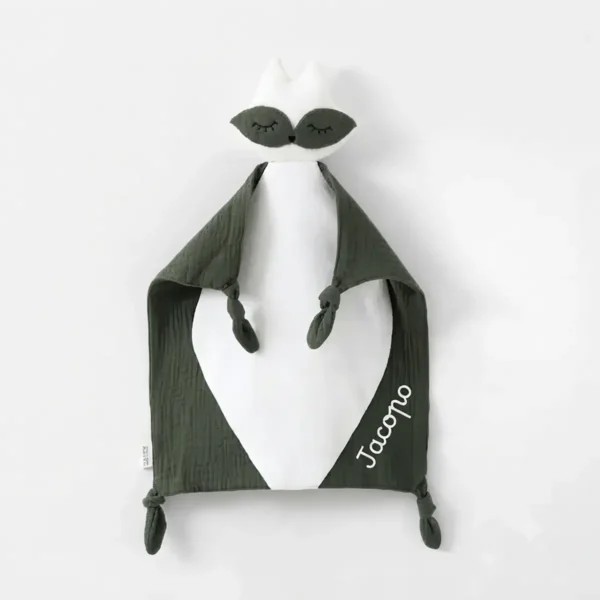 Doudou volpe in mussola di cotone verde bosco con nome personalizzato