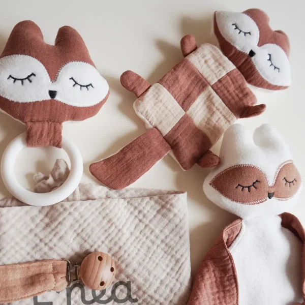 Dettaglio kit nascita volpe marrone nocciola con doudou in mussola, sonaglio, anello dentizione, bavaglino e clip ciuccio
