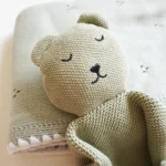 Kit regalo nascita verde chiaro con dettaglio copertina e doudou in maglia