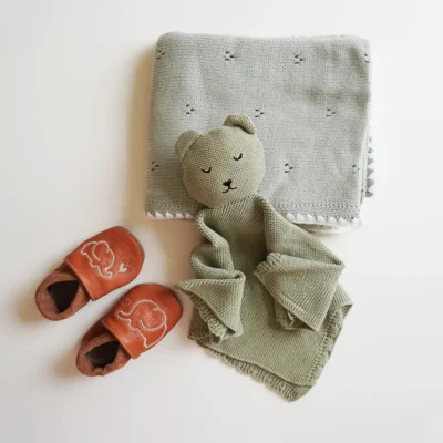 Kit regalo nascita verde chiaro con copertina, doudou in maglia e scarpine con ricamo elefante