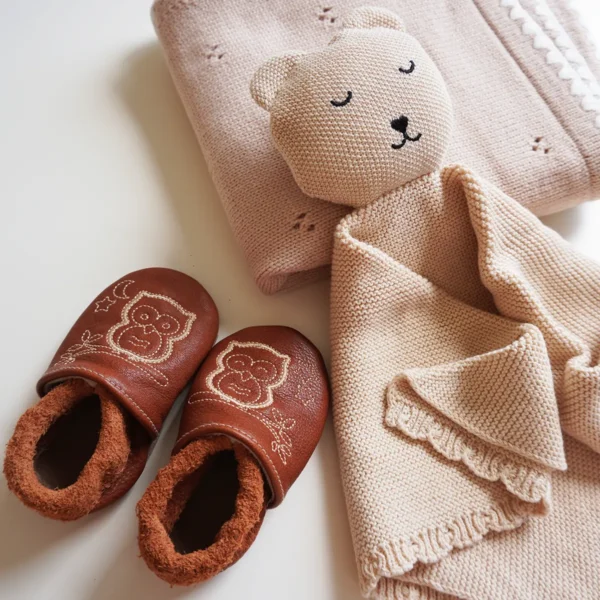 Dettaglio kit regalo nascita beige con copertina, doudou in maglia e scarpine con ricamo gufo