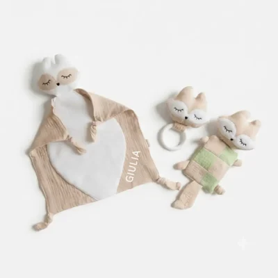 Set nascita personalizzato beige con doudou, sonaglio e anello dentizione