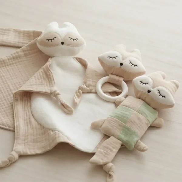 Set regalo nascita personalizzato beige sorbetto con doudou, sonaglio e anello dentizione