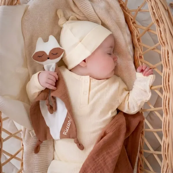Neonato abbraccia doudou in mussola del set nascita personalizzato marrone nocciola