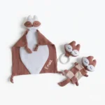 Set nascita personalizzato marrone nocciola con doudou, sonaglio e anello dentizione