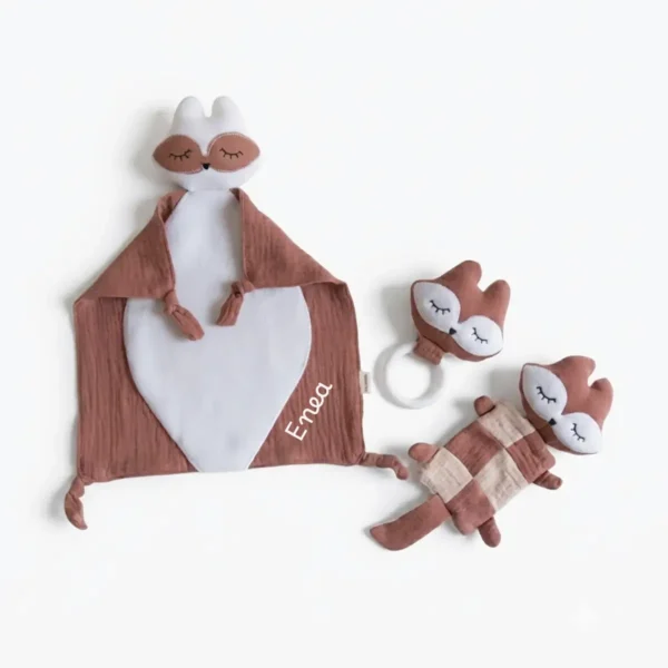 Set nascita personalizzato marrone nocciola con doudou, sonaglio e anello dentizione