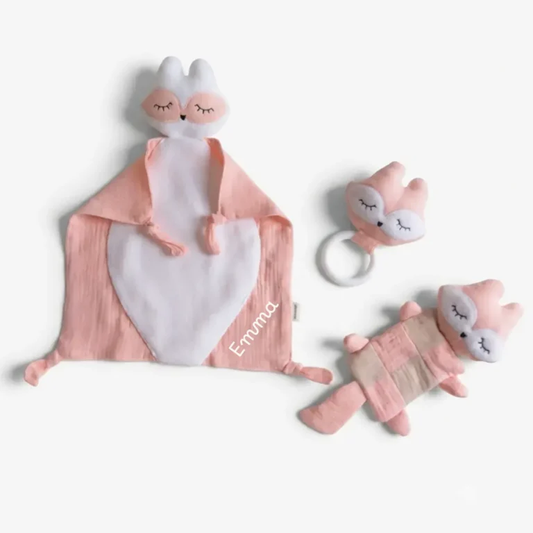 Set nascita personalizzato rosa sorbetto con doudou, sonaglio e anello dentizione