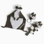Set nascita personalizzato verde bosco con doudou, sonaglio e anello dentizione